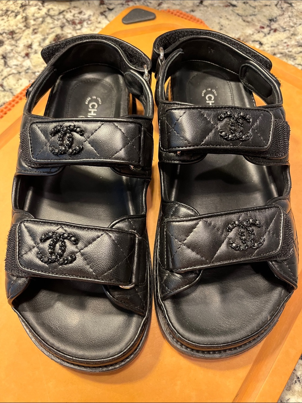 CHANEL Black Quilted Leather Logo Strap women Sandals